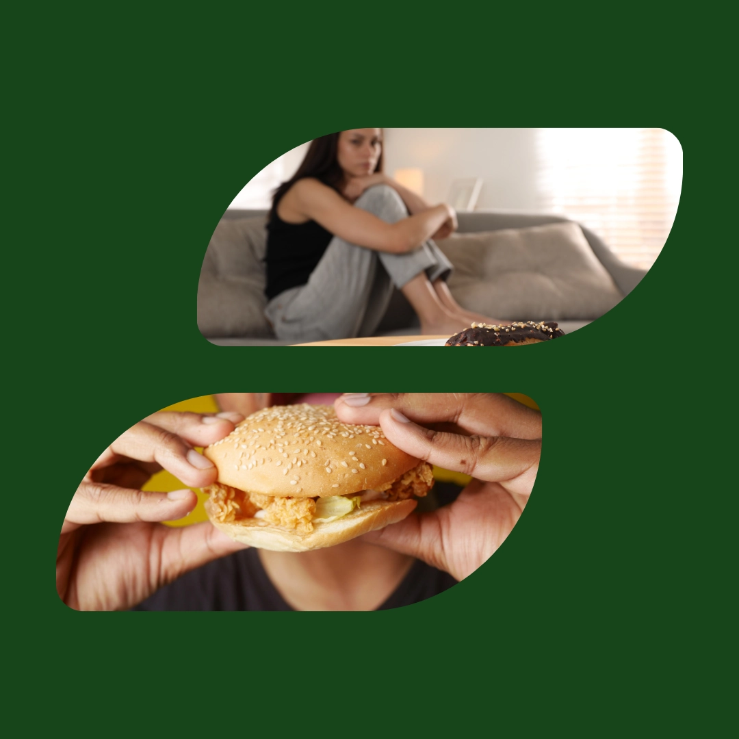 Due immagini che mostrano una ragazza triste e un uomo che mangia un hamburger, per indicare DCA