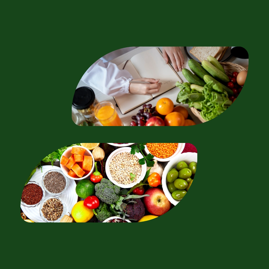 nutrizionista circondato da frutta e verdura che scrive su un quaderno