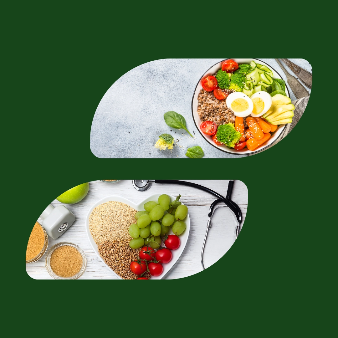 Due immagini che mostrano piatti ben bilanciati con stetoscopio per indicare la nutrizione per patologie